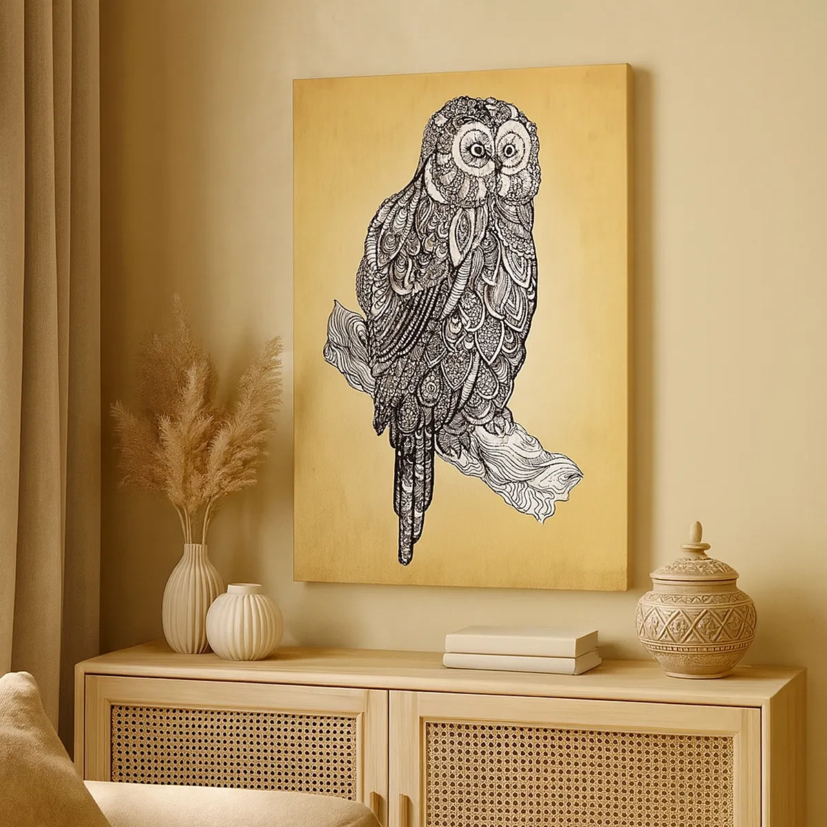 Impression sur toile - Image sur toile - Un hibou de style ornemental sur fond beige - 50x70cm - Ornements complexes de sagesse - Décoration murale moderne pour le salon et la chambre ARTTOR