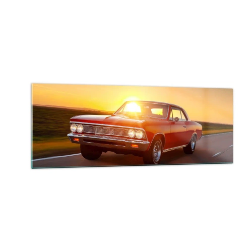 Impression sur verre - Image sur verre - Une voiture rouge au soleil couchant sur une route ouverte - 140x50cm - Le désir est de couleur rouge - Décoration murale moderne pour le salon et la chambre ARTTOR
