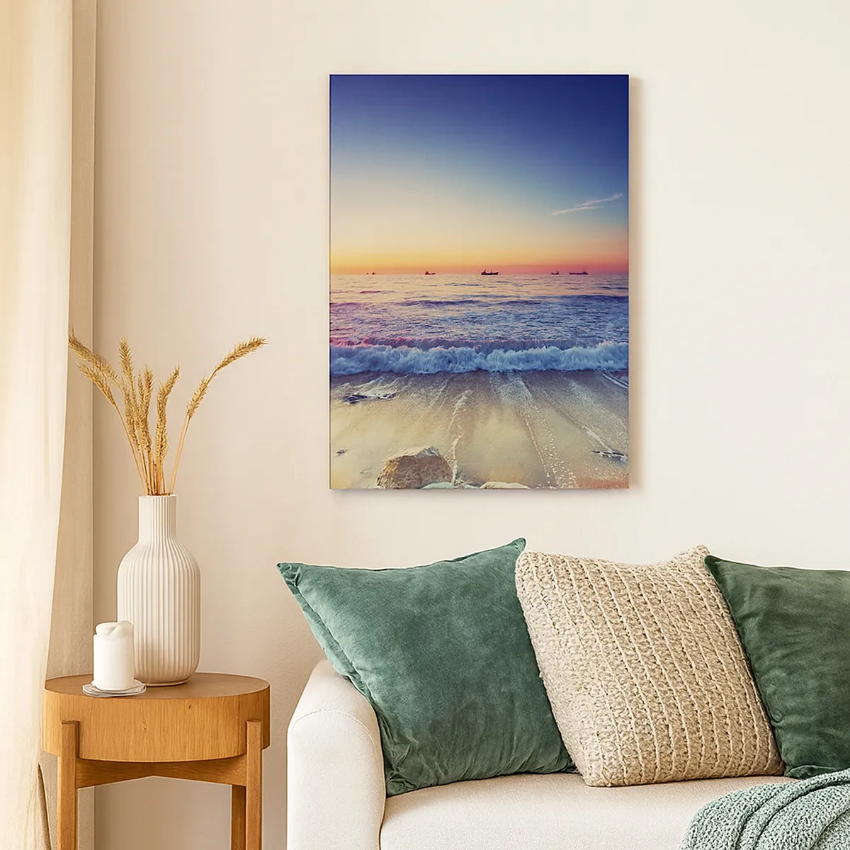 Impression sur toile - Image sur toile - Coucher de soleil sur une mer calme avec des vagues - 50x70cm - Mais quel horizon ? - Décoration murale moderne pour le salon et la chambre ARTTOR