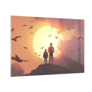 Impression sur verre - Image sur verre - Figures d'un père et de son fils debout sur fond de soleil couchant et d'oiseaux en vol - 100x70cm - Face à face avec le soleil - Décoration murale moderne pour le salon et la chambre ARTTOR