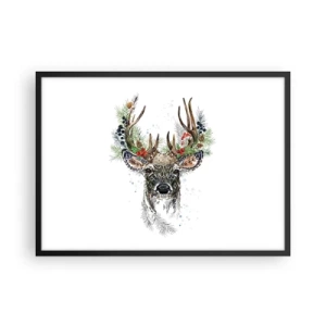 Affiche dans un cadre noir - Poster - Cerf stylisé avec des bois décoratifs sur fond blanc - 70x50cm - En robe de fête - Décoration murale moderne pour le salon et la chambre ARTTOR