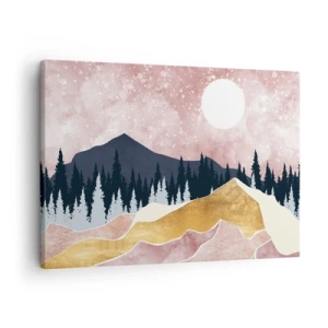 Impression sur toile - Image sur toile - Montagnes colorées contre un ciel rose avec une lune - 70x50cm - Gardien de la nuit - Décoration murale moderne pour le salon et la chambre ARTTOR