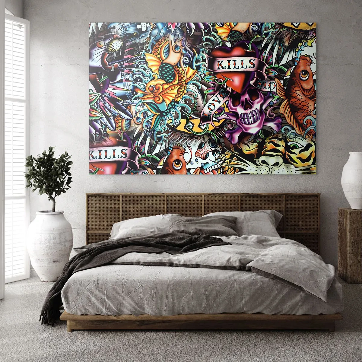 Impression sur verre - Image sur verre - Une composition colorée de motifs inspirés de l'art du tatouage - 70x50cm - Le rêve du tatoueur - Décoration murale moderne pour le salon et la chambre ARTTOR