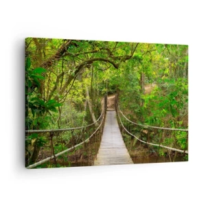 Impression sur toile - Image sur toile - Un pont suspendu entouré d'une forêt tropicale verte - 70x50cm - Parce qu'il y a une plante grimpante dans le jardin - Décoration murale moderne pour le salon et la chambre ARTTOR