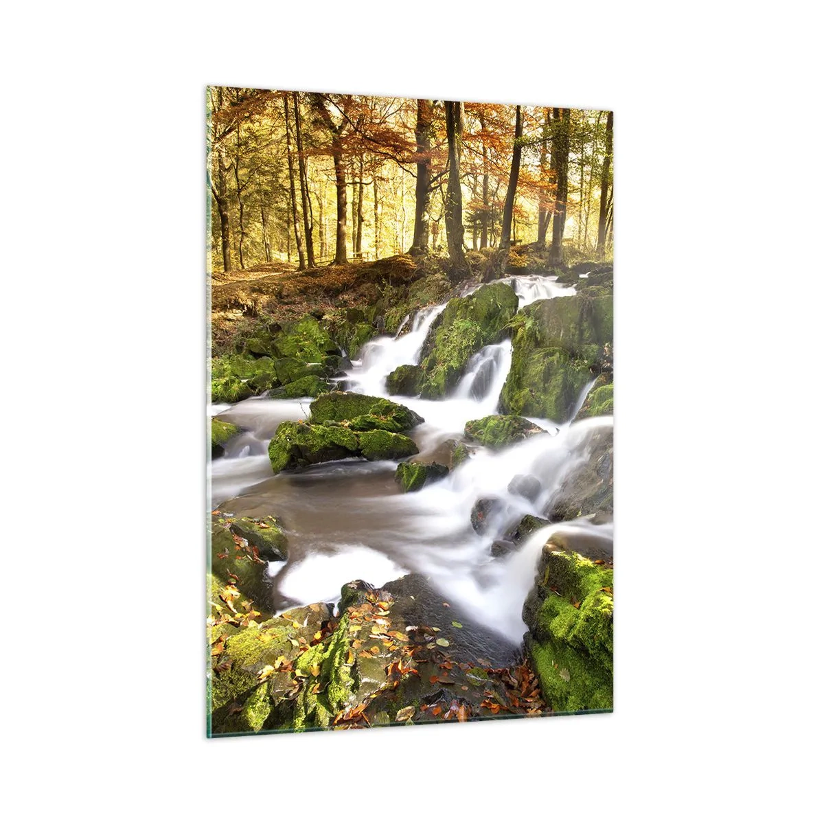 Impression sur verre - Image sur verre - Un ruisseau forestier avec des cascades dans un paysage d'automne - 50x70cm - Rapidement à travers la forêt d'automne - Décoration murale moderne pour le salon et la chambre ARTTOR
