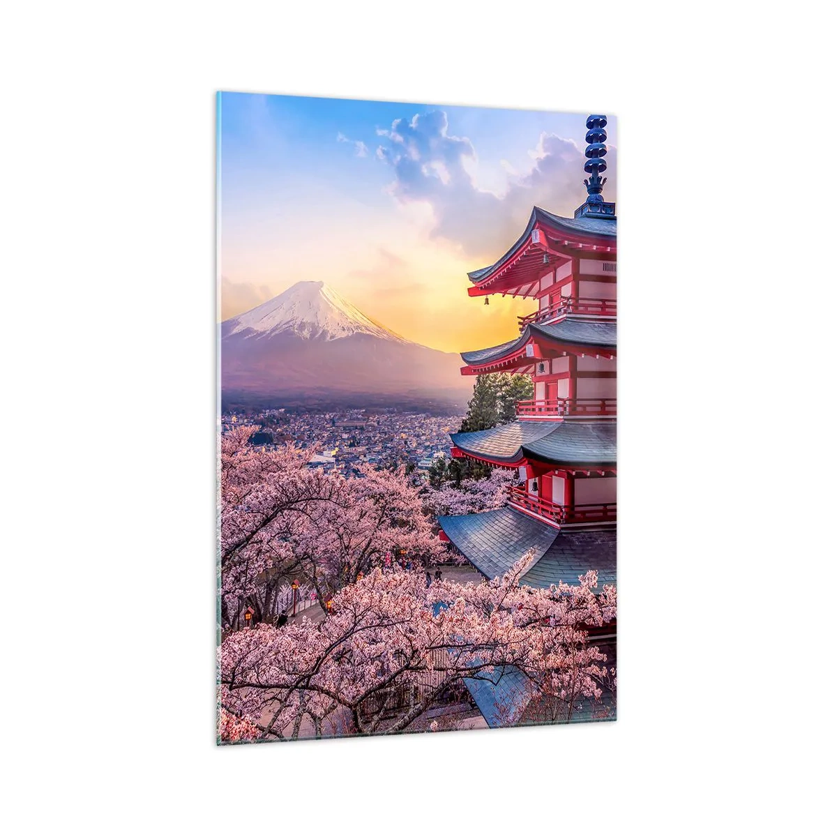 Impression sur verre - Image sur verre - Une pagode au Japon avec des cerisiers en fleurs et le mont Fuji - 70x100cm - Essence d'âme japonnaise - Décoration murale moderne pour le salon et la chambre ARTTOR