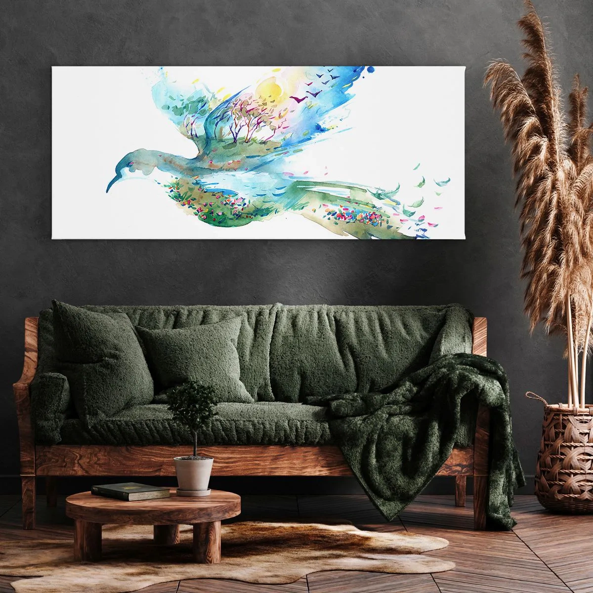 Impression sur toile - Image sur toile - Composition à l'aquarelle d'un oiseau avec des éléments de la nature - 140x50cm - Sur les ailes de la nature - Décoration murale moderne pour le salon et la chambre ARTTOR