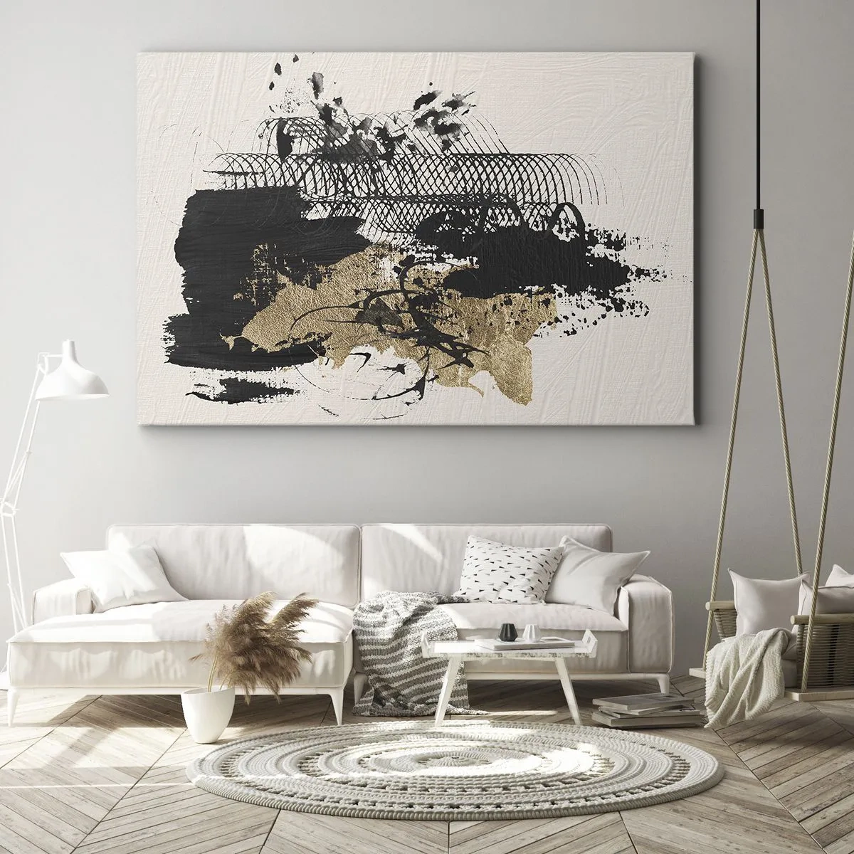 Impression sur toile - Image sur toile - Une peinture abstraite en noir et or avec des lignes et des structures dynamiques. - 120x80cm - Composer avec passion - Décoration murale moderne pour le salon et la chambre ARTTOR