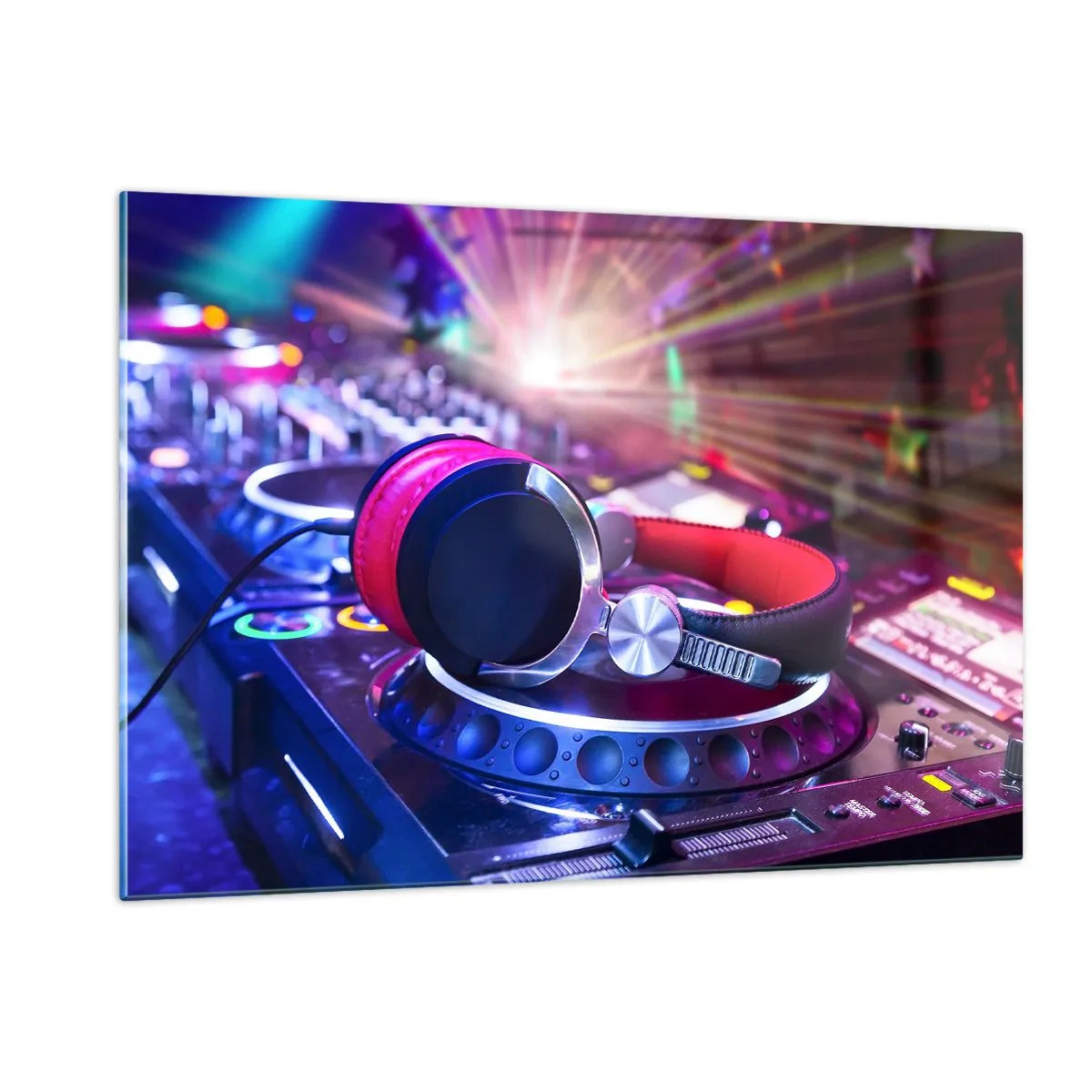 Impression sur verre - Image sur verre - Équipement DJ avec lumières colorées et casque - 120x80cm - Il va s'en passer des choses - Décoration murale moderne pour le salon et la chambre ARTTOR