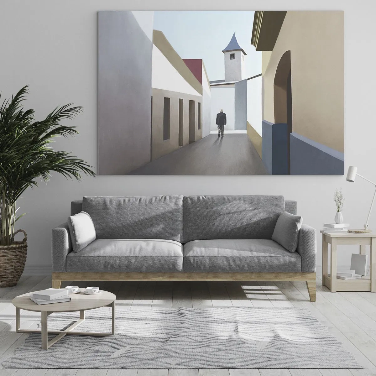 Impression sur verre - Image sur verre - Une rue au soleil avec une silhouette marchant au loin - 120x80cm - Une promenade ensoleillée - Décoration murale moderne pour le salon et la chambre ARTTOR