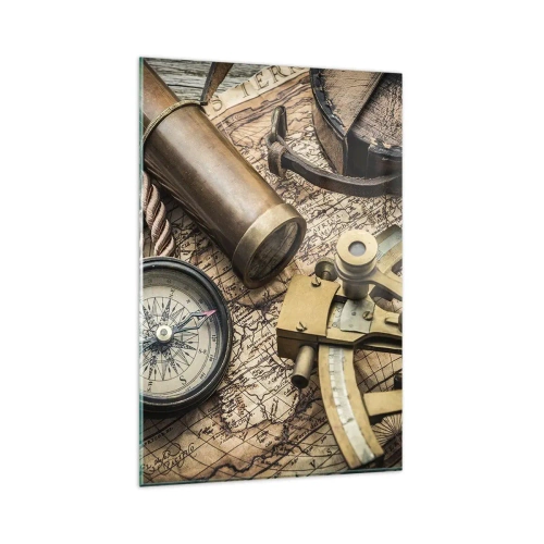 Impression sur verre - Image sur verre - Une boussole, un sextant et un télescope sur fond de vieille carte et de corde nautique. - 80x120cm - Fixer un cap - Décoration murale moderne pour le salon et la chambre ARTTOR