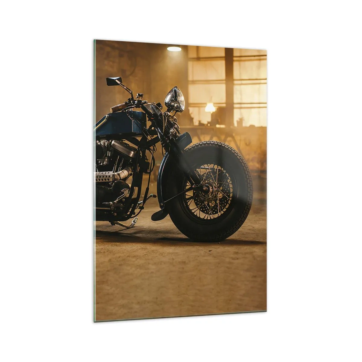 Impression sur verre - Image sur verre - Une moto élégante dans un intérieur industriel avec un éclairage chaleureux - 70x100cm - Je peux tout - Décoration murale moderne pour le salon et la chambre ARTTOR