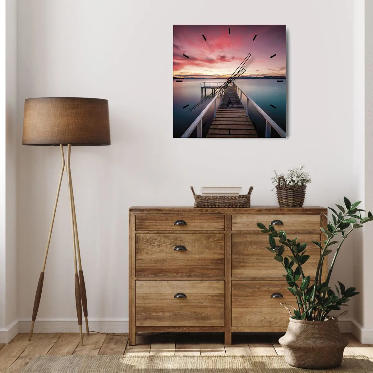Horloge murale - Pendule murale - Une jetée menant à un lac tranquille au coucher du soleil - 30x30cm - La douce flamme du soir - Décoration murale moderne pour le salon et la chambre ARTTOR