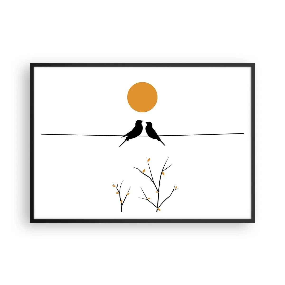 Affiche dans un cadre noir - Poster - Oiseaux sur une ligne avec un soleil jaune - 100x70cm - Soirée pour rossignols - Décoration murale moderne pour le salon et la chambre ARTTOR