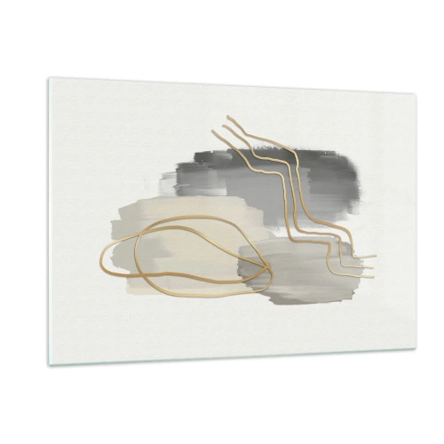 Impression sur verre - Image sur verre - Abstraction avec des taches grises et des lignes dorées sur un fond clair - 120x80cm - Durée et mouvement - Décoration murale moderne pour le salon et la chambre ARTTOR