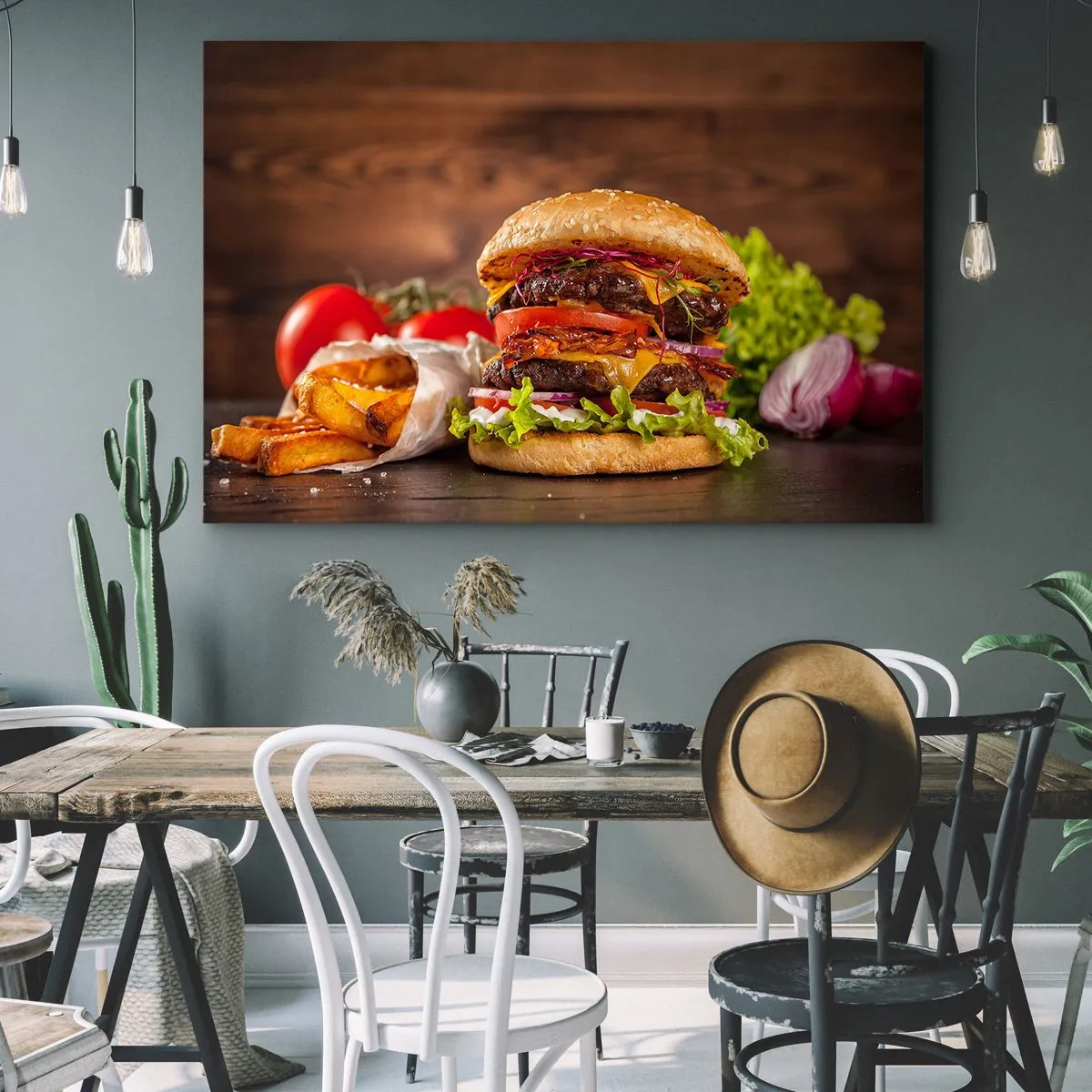 Impression sur toile - Image sur toile - Burger appétissant avec extras - 120x80cm - Le fruit défendu - Décoration murale moderne pour le salon et la chambre ARTTOR