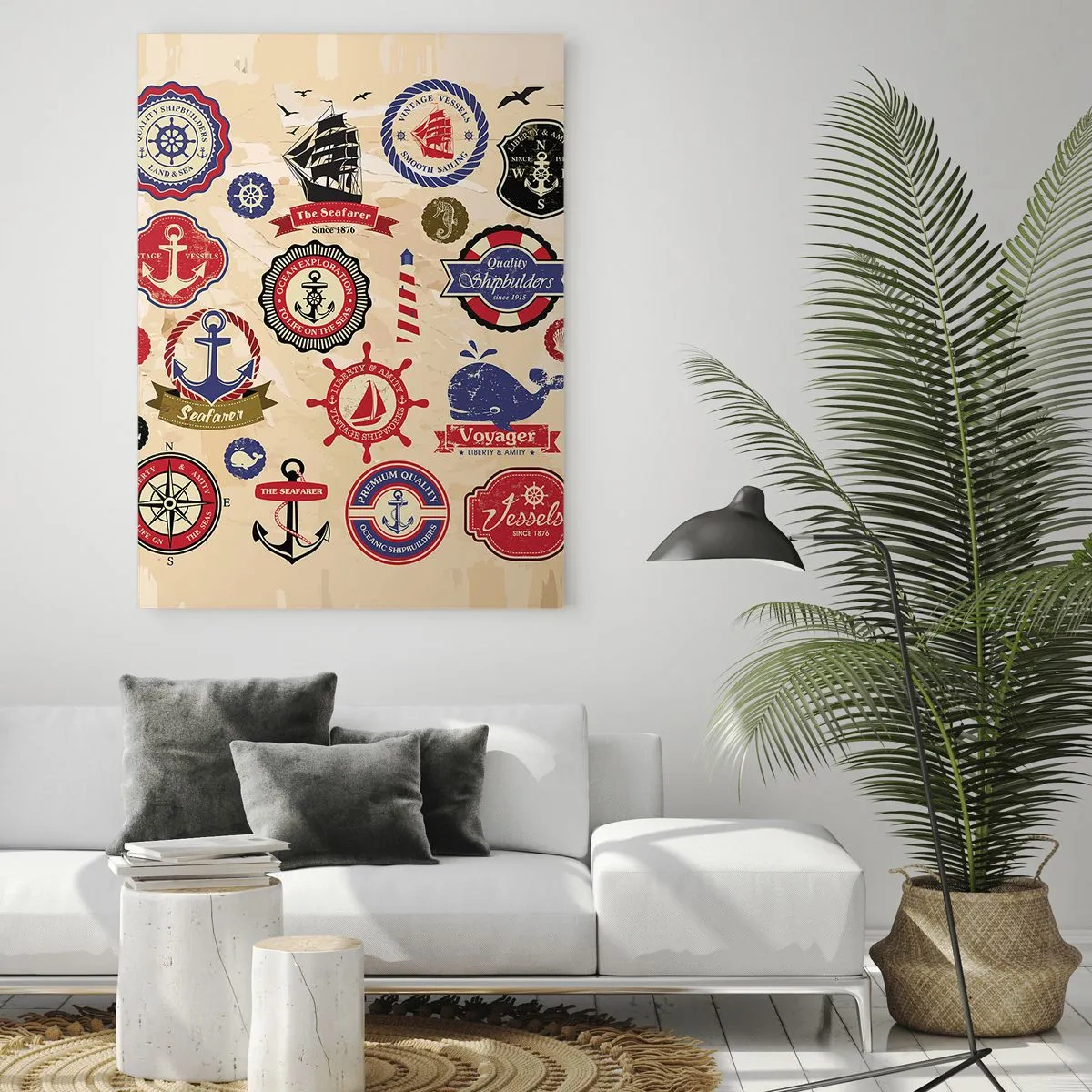 Impression sur verre - Image sur verre - Une collection de graphiques et de symboles nautiques sur fond clair - 80x120cm - La fraternité de la voile - Décoration murale moderne pour le salon et la chambre ARTTOR