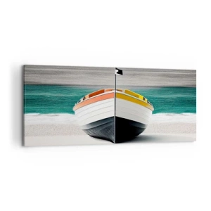 Impression sur toile - Image sur toile - Un bateau sur la plage avec une mer turquoise en arrière-plan - 120x50cm - A sa place - Décoration murale moderne pour le salon et la chambre ARTTOR