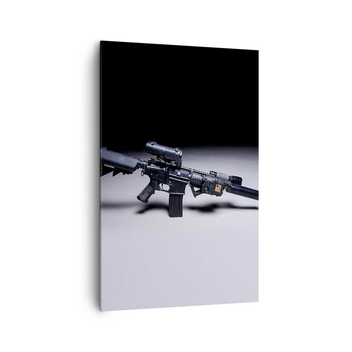 Impression sur toile - Image sur toile - Un fusil moderne en noir sur fond sombre - 80x120cm - Chevalier ténébreux - Décoration murale moderne pour le salon et la chambre ARTTOR