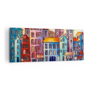 Impression sur toile - Image sur toile - Maisons colorées au bord de l'eau dans un style artistique - 120x50cm - Une ville comme dans un conte de fées - Décoration murale moderne pour le salon et la chambre ARTTOR