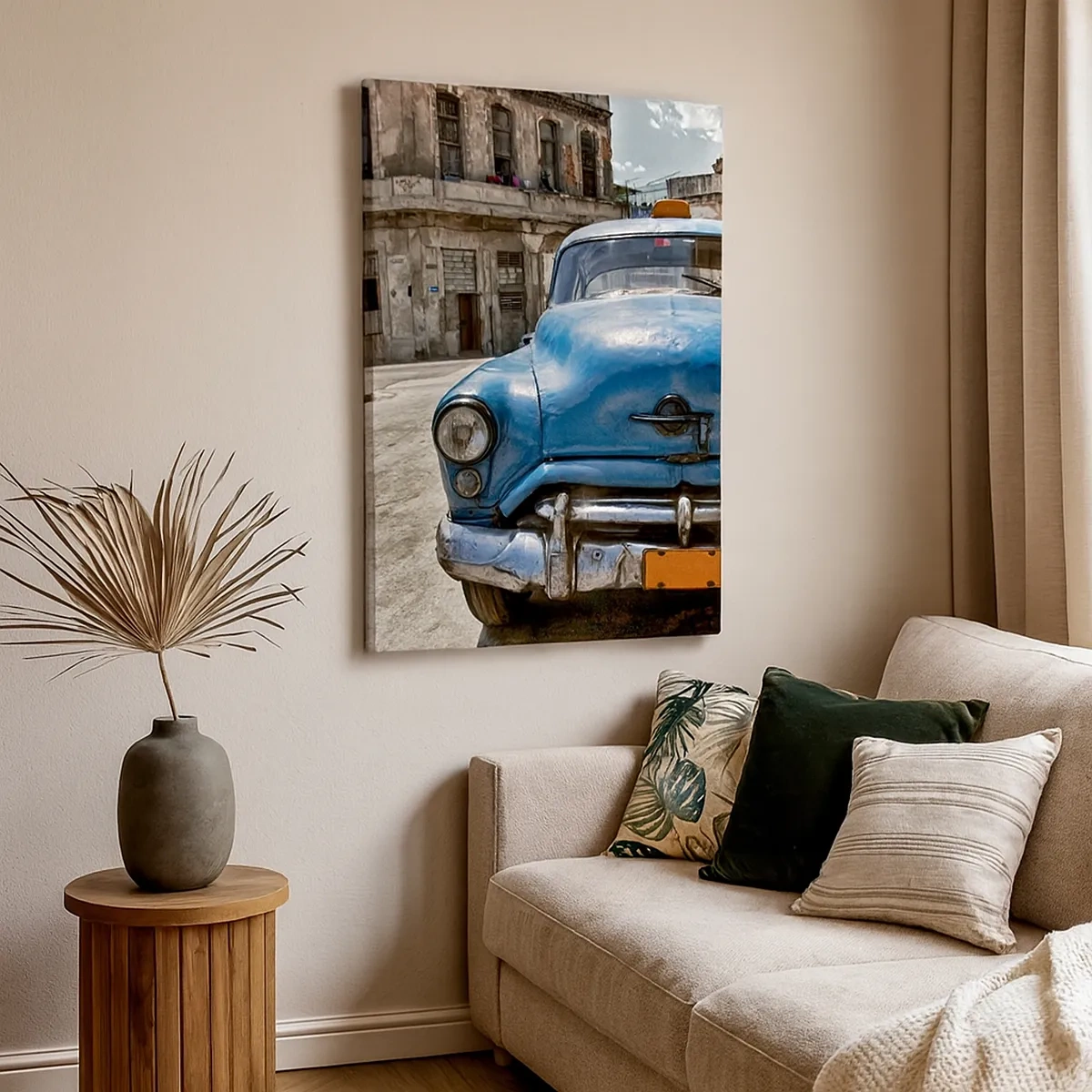 Impression sur toile - Image sur toile - Une vieille voiture bleue dans la rue dans un style rétro - 50x70cm - L'ancien est beau - Décoration murale moderne pour le salon et la chambre ARTTOR