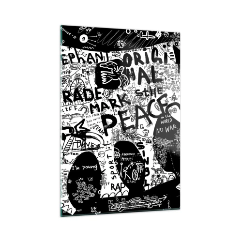 Impression sur verre - Image sur verre - Image de graffiti en noir et blanc avec des thèmes de paix et de liberté - 50x70cm - La richesse des rues - Décoration murale moderne pour le salon et la chambre ARTTOR