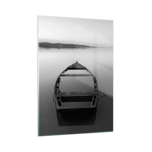 Impression sur verre - Image sur verre - Un vieux bateau sur une surface d'eau calme en noir et blanc - 50x70cm - Nostalgie et mélancolie - Décoration murale moderne pour le salon et la chambre ARTTOR