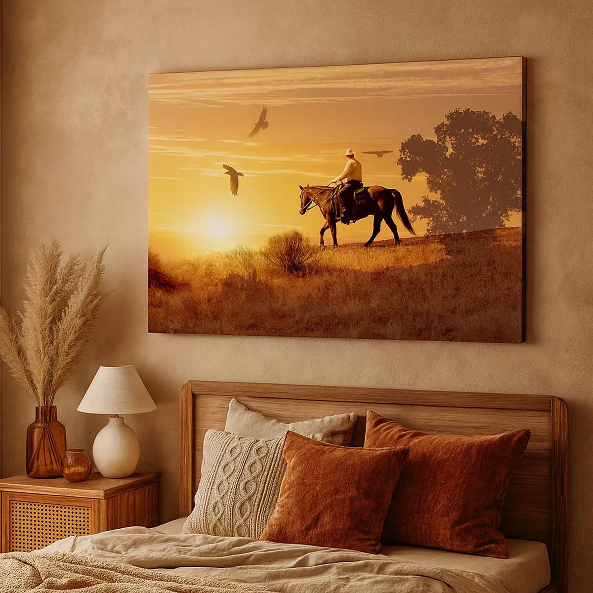 Impression sur toile - Image sur toile - Un cavalier sur un cheval au coucher du soleil contre la prairie - 70x50cm - Seul à travers la prairie - Décoration murale moderne pour le salon et la chambre ARTTOR