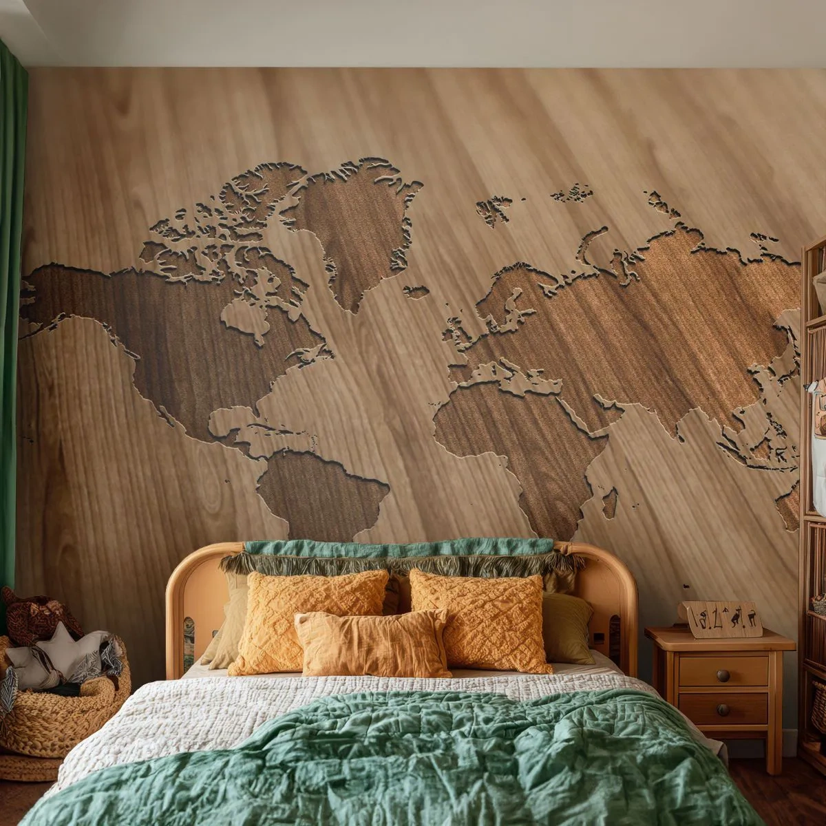 Papier Peint Photo Standard Eco - Le monde est sur la table - Carte du monde, Bois, Continents - 200x140 cm