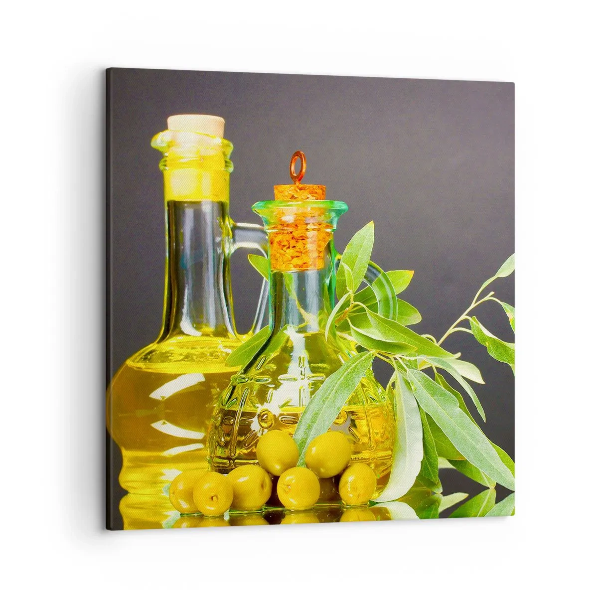 Impression sur toile - Image sur toile - Nature morte aux olives et à l'huile d'olive - 50x50 cm