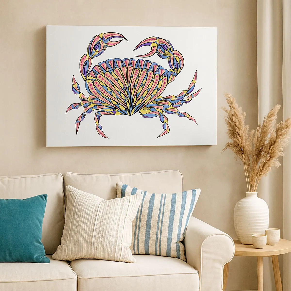 Impression sur toile - Image sur toile - Crabe coloré dans un style artistique - 70x50cm - Bijoux de la mer - Décoration murale moderne pour le salon et la chambre ARTTOR