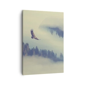 Impression sur toile - Image sur toile - Un aigle en vol sur fond de montagnes brumeuses avec un motif circulaire artistique - 50x70cm - J'ai vu l'ombre d'un aigle - Décoration murale moderne pour le salon et la chambre ARTTOR