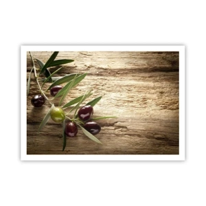 Affiche - Poster - Branche d'olivier avec des fruits sur un fond de bois vieilli - 100x70cm - Directement de la nature - Décoration murale moderne pour le salon et la chambre ARTTOR