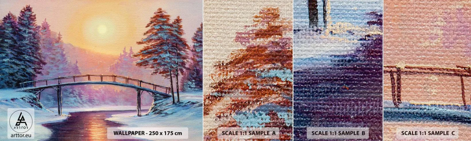 Échantillon de Papier Peint Premium Canvas - Quatre saisons - hiver - Paysage, Rivière, Pont - 100x30 cm