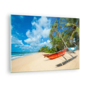 Impression sur verre - Image sur verre - Plage tropicale avec palmiers et bateaux traditionnels - 70x50cm - Le charme des tropiques - Décoration murale moderne pour le salon et la chambre ARTTOR