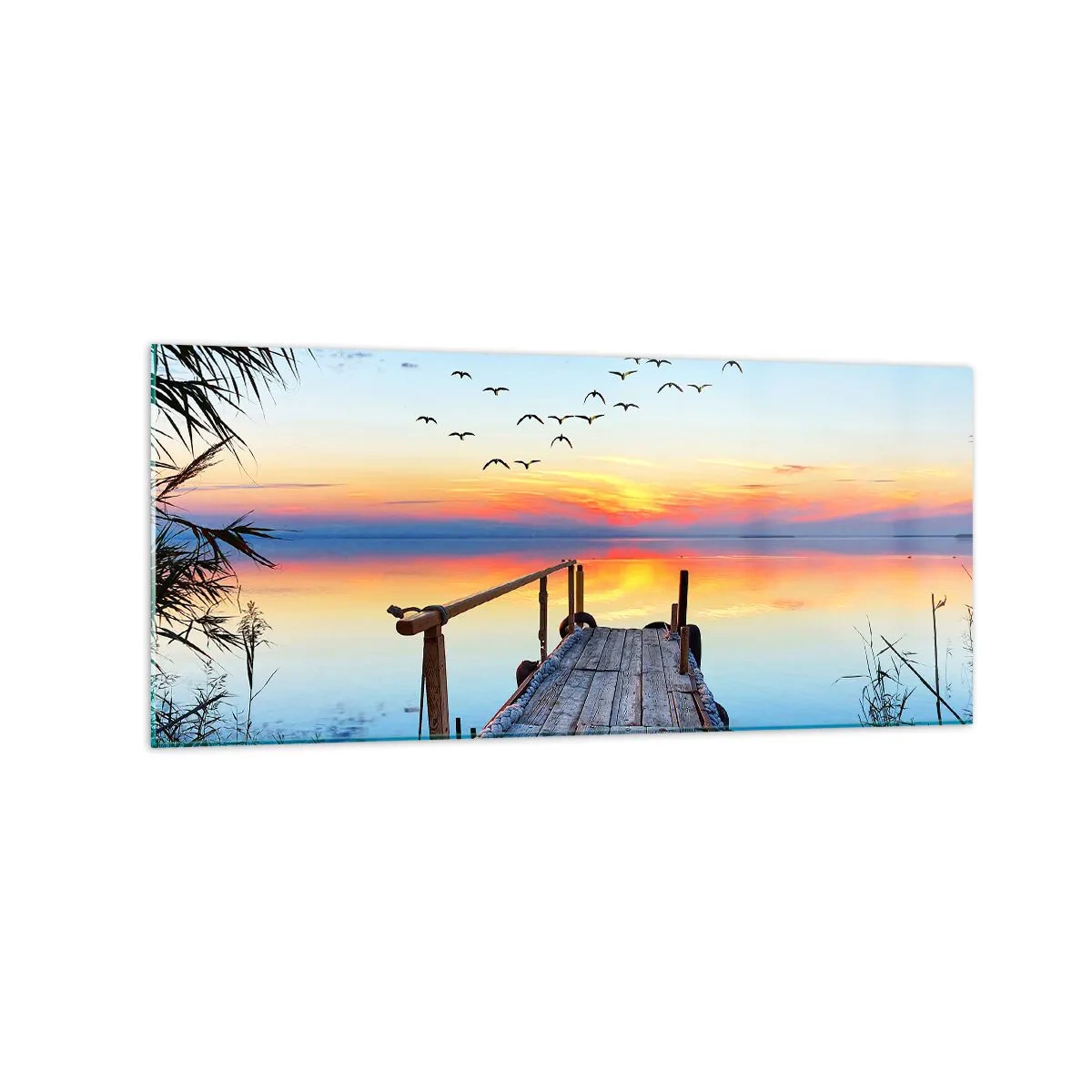 Impression sur verre - Image sur verre - Jetée en bois sur le lac au coucher du soleil - 120x50cm - Il est temps de rentrer... - Décoration murale moderne pour le salon et la chambre ARTTOR