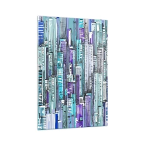 Impression sur verre - Image sur verre - Illustration d'une ville avec des bâtiments géométriques dans des tons de bleu et de violet. - 70x100cm - Bleuâtre avec le ciel - Décoration murale moderne pour le salon et la chambre ARTTOR