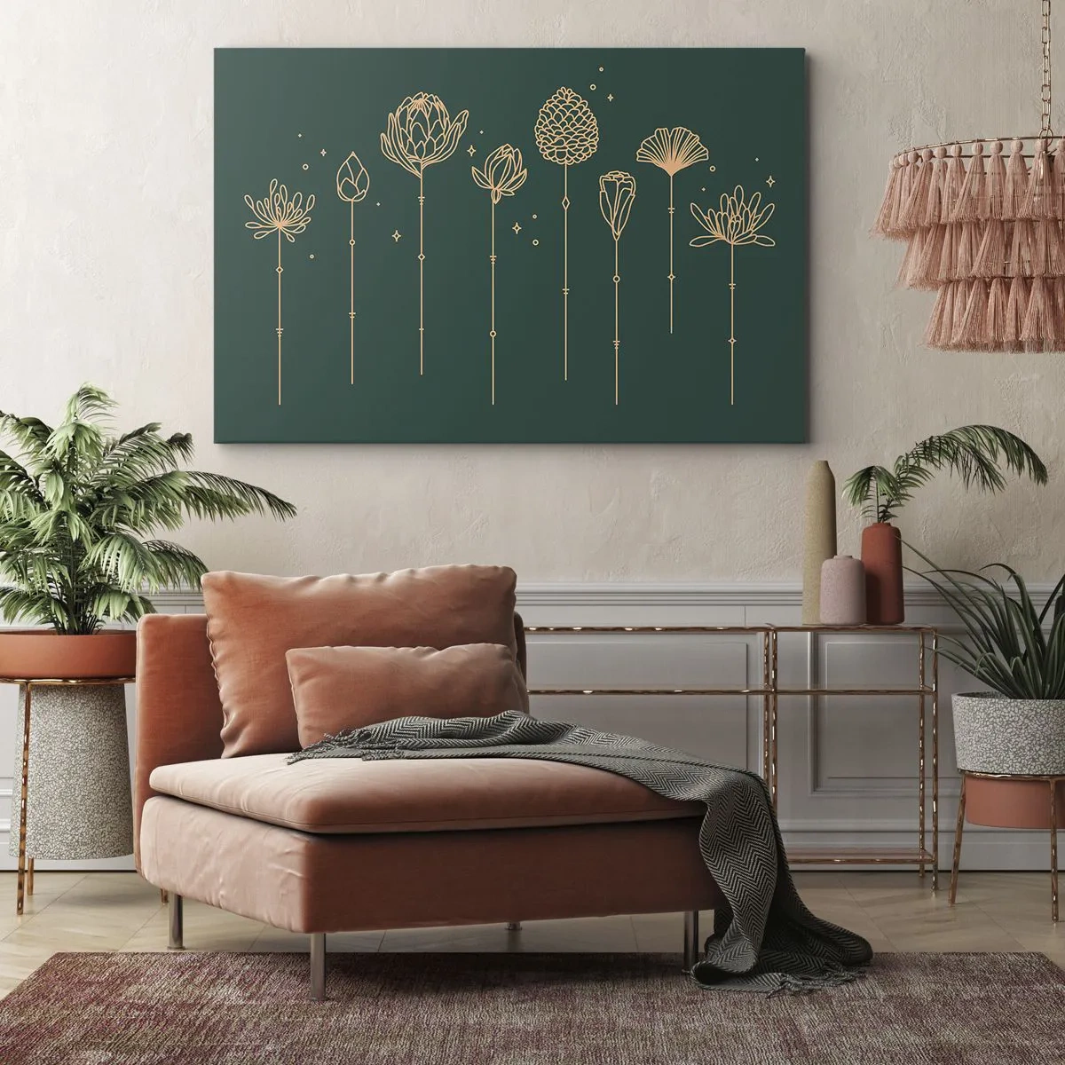 Impression sur toile - Image sur toile - Dessins dorés d'herbes sur fond vert foncé - 70x50cm - La famille Plante - Décoration murale moderne pour le salon et la chambre ARTTOR