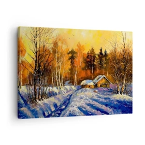 Impression sur toile - Image sur toile - Paysage d'hiver avec une maison à la lumière du soleil couchant - 70x50cm - Impression d'hiver au soleil - Décoration murale moderne pour le salon et la chambre ARTTOR