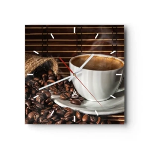 Horloge murale - Pendule murale - Une tasse de café avec des grains sur un fond de bambou - 30x30cm - La noirceur du charbon, la clarté de l'ambre - Décoration murale moderne pour le salon et la chambre ARTTOR