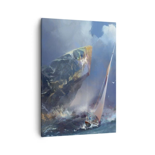 Impression sur toile - Image sur toile - Un voilier dans une tempête au pied d'un rocher massif - 50x70cm - Celui qui est courageux, gagne - Décoration murale moderne pour le salon et la chambre ARTTOR