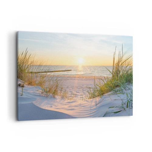 Impression sur toile - Image sur toile - Une plage de sable avec vue sur le coucher de soleil sur la mer - 100x70cm - Le bruit de la mer, le chant des oiseaux, une plage sauvage parmi les herbes… - Décoration murale moderne pour le salon et la chambre ART