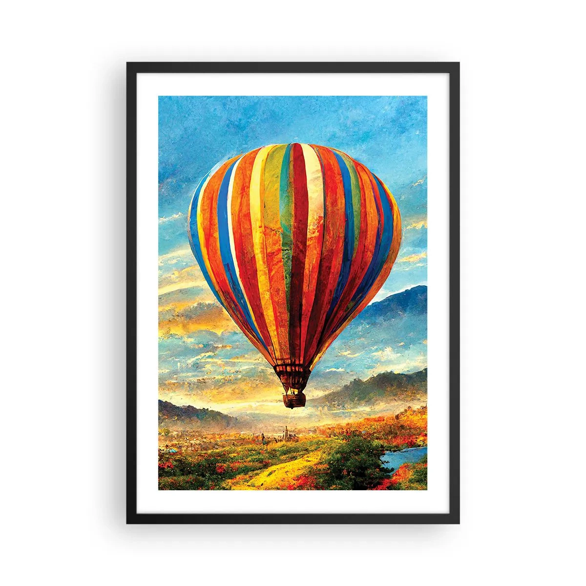 Affiche dans un cadre noir - Poster - Un ballon coloré au-dessus d'un paysage pittoresque - 50x70cm - Dans le silence on voit mieux - Décoration murale moderne pour le salon et la chambre ARTTOR
