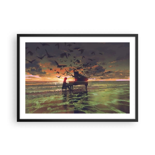 Affiche dans un cadre noir - Poster - Un piano au bord de la mer au coucher du soleil avec des oiseaux - 70x50cm - Concert pour piano et vagues - Décoration murale moderne pour le salon et la chambre ARTTOR