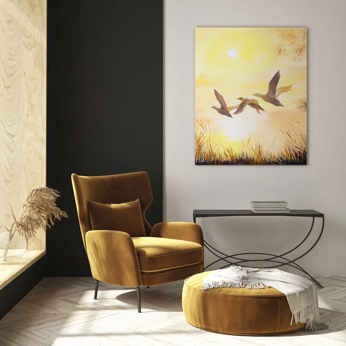 Impression sur verre - Image sur verre - Trois canards volant au-dessus d'un lac au lever du soleil - 50x70cm - Le début d'un long voyage - Décoration murale moderne pour le salon et la chambre ARTTOR