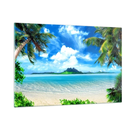Impression sur verre - Image sur verre - Une plage tropicale avec des palmiers et une vue sur une île montagneuse - 120x80cm - L'azur des tropiques - Décoration murale moderne pour le salon et la chambre ARTTOR