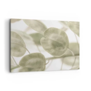Impression sur toile - Image sur toile - Une peinture délicate de feuilles dans des tons pastel de vert sur un fond clair. - 120x80cm - Au commencement il y avait des feuilles... - Décoration murale moderne pour le salon et la chambre ARTTOR