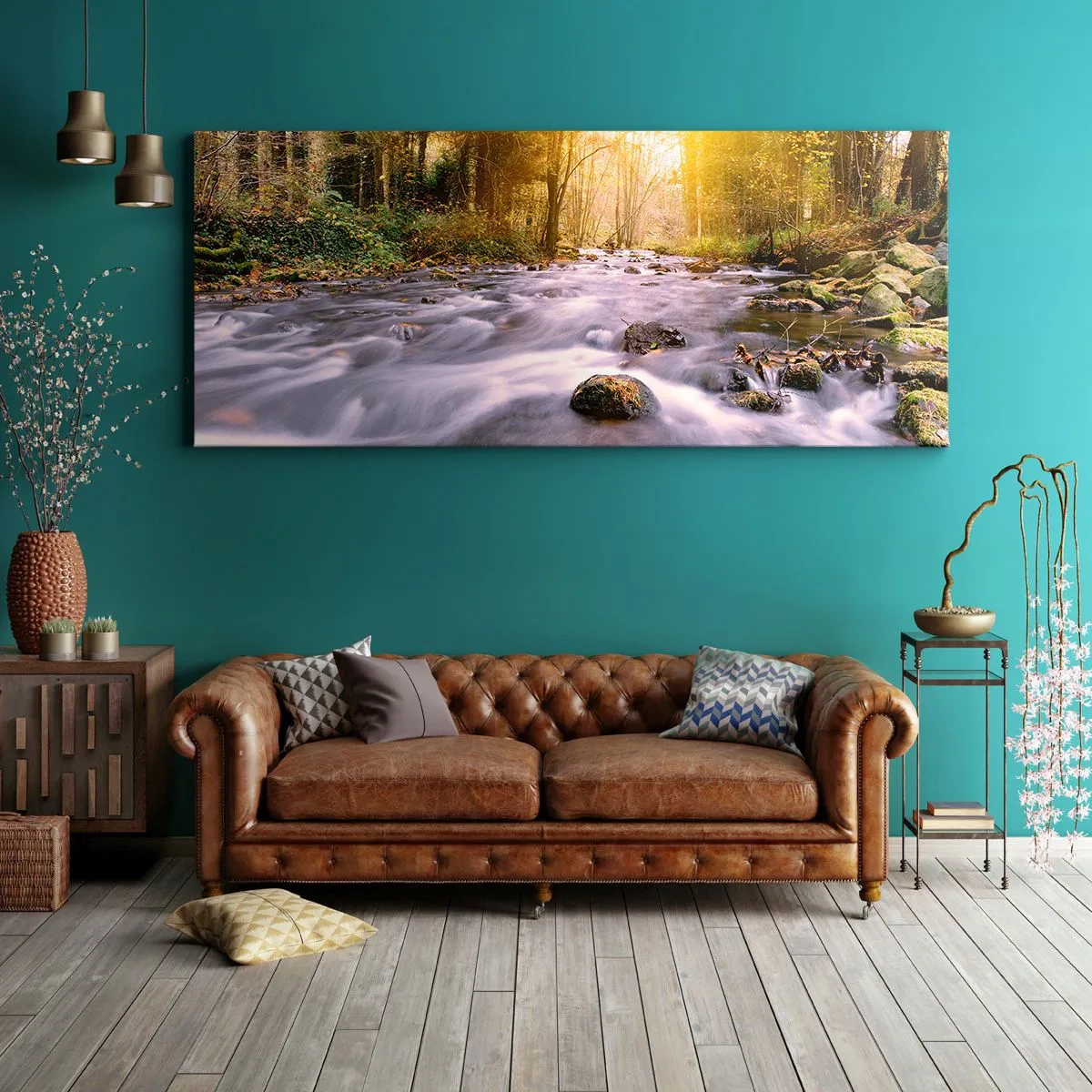 Impression sur toile - Image sur toile - Un ruisseau forestier illuminé par les rayons du soleil - 140x50cm - Malachite dans un cadre argent et or - Décoration murale moderne pour le salon et la chambre ARTTOR