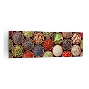 Impression sur toile - Image sur toile - Épices colorées dans des récipients ronds - 160x50cm - Toutes les saveurs du monde - Décoration murale moderne pour le salon et la chambre ARTTOR