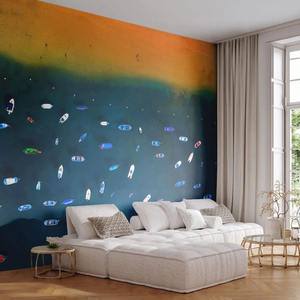 Papier Peint Photo Premium Sand - Une vue de drone de bateaux colorés sur la plage. - 100x70cm - Jeu de vacances - Décoration murale moderne pour le salon et la chambre ARTTOR